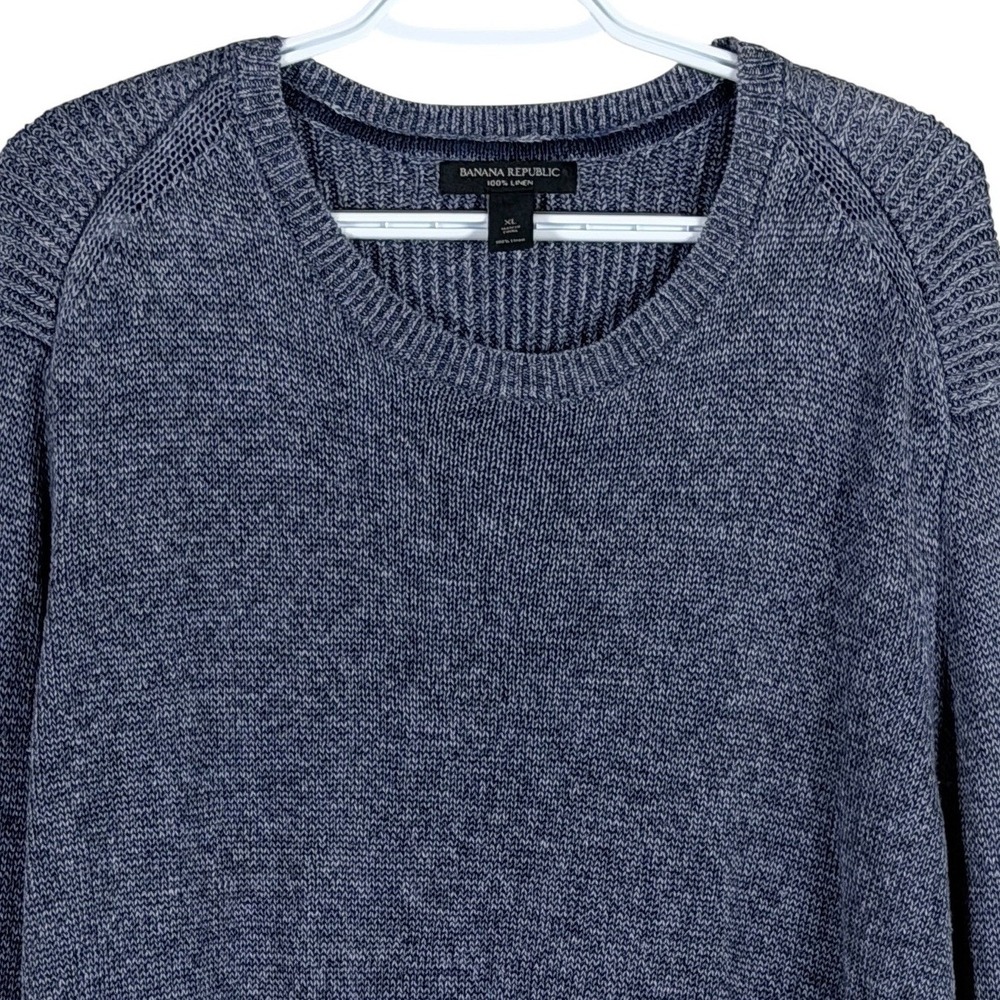 Banana Republic 100% Linen Sweater Crewneck Mens XL Blue Marled Ribbed Shoulder